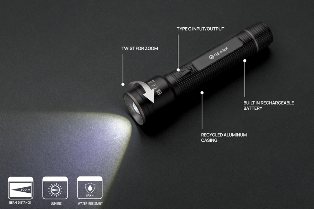 Gear X RCS gerecycled aluminium USB-oplaadbare zaklamp large
