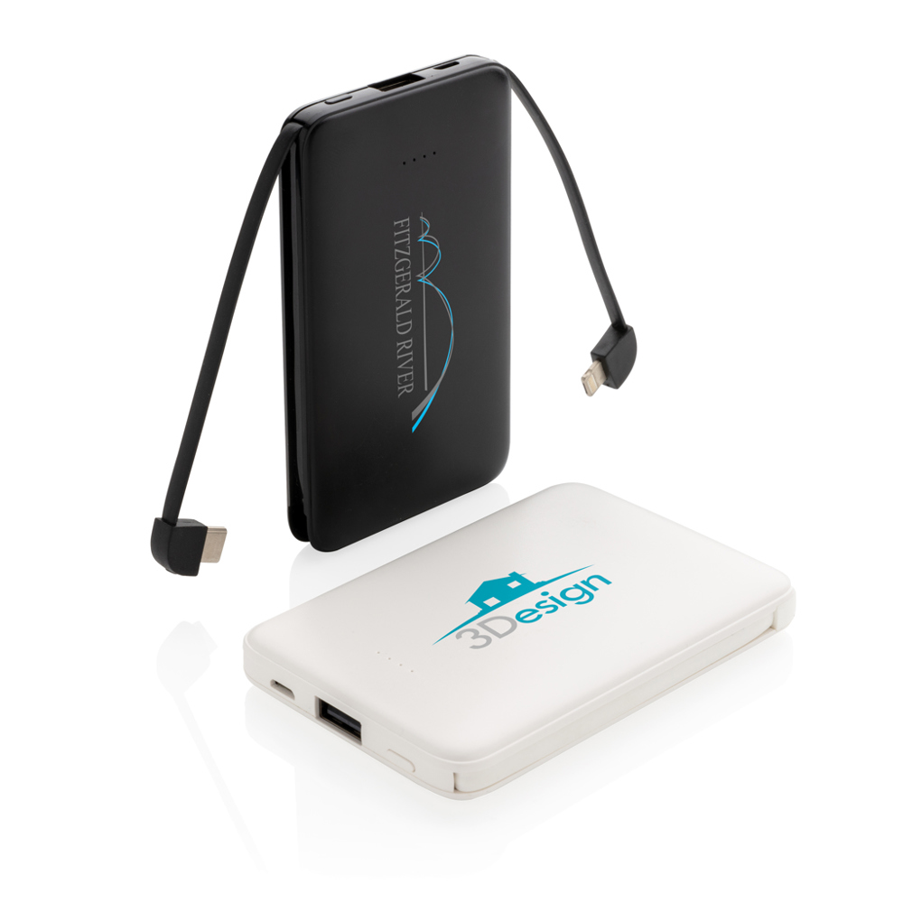 5.000 mAh zakformaat powerbank met geïntegreerde kabels - met logo of onbedrukt bestellen
