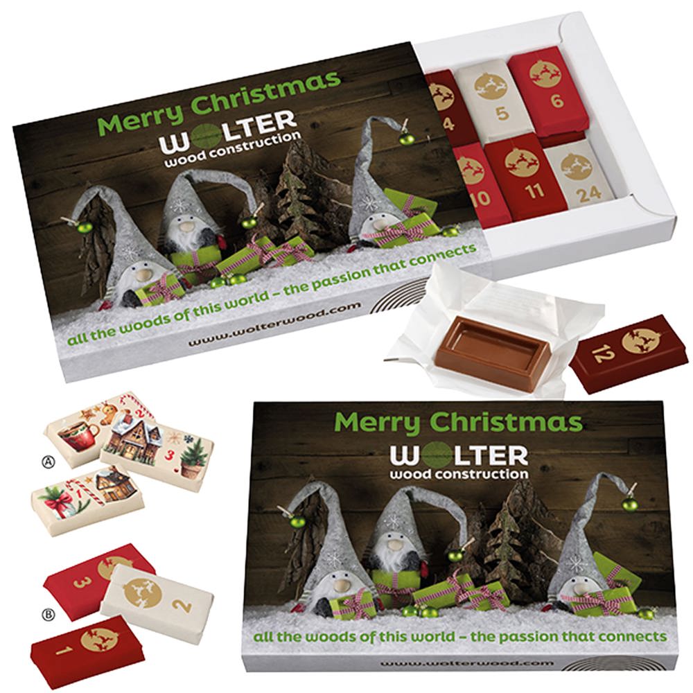 Adventdoosje met 24 genummerde chocolaatjes - voor bedrijven en relatiegeschenken