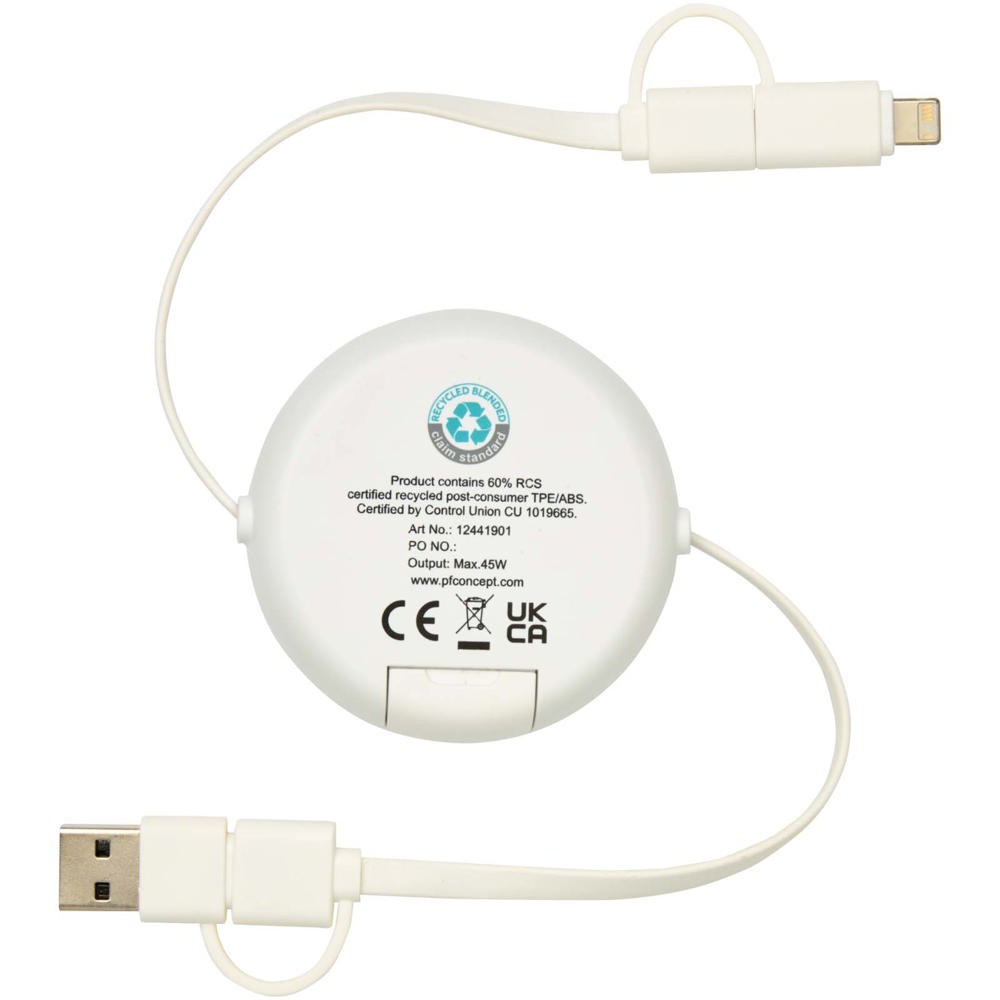Chechia 5-in-1 100 cm intrekbare datasynchronisatie- en 45 W snellaadkabel van gerecycled plastic met bamboe details