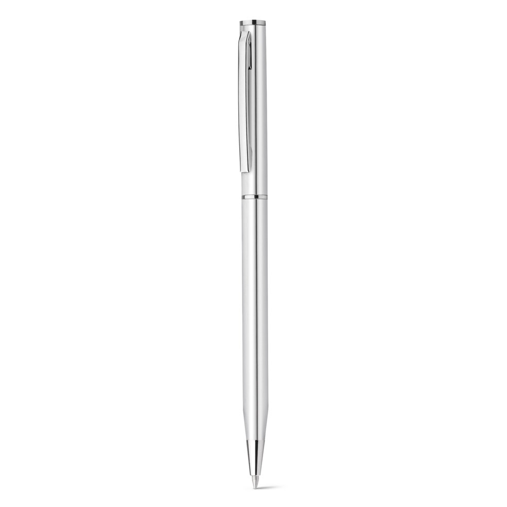LESLEY METALLIC. Aluminium balpen met clip en draaimechanisme - kopen of bedrukken - Satijn zilver