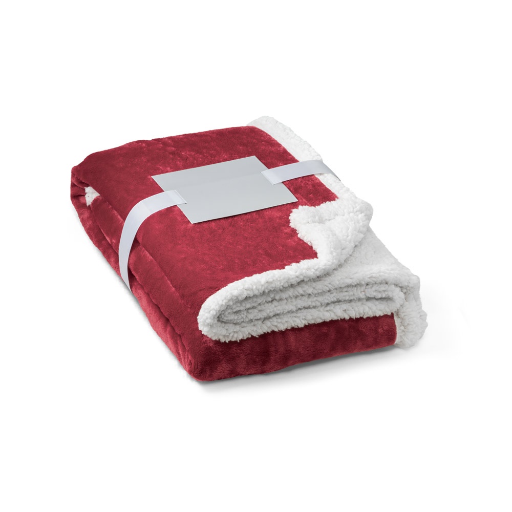HEIDEN. Omkeerbare fleecedeken (190 g/m²) met satijnen lint en gepersonaliseerde kaart - met logo of onbedrukt - Bordeaux rood