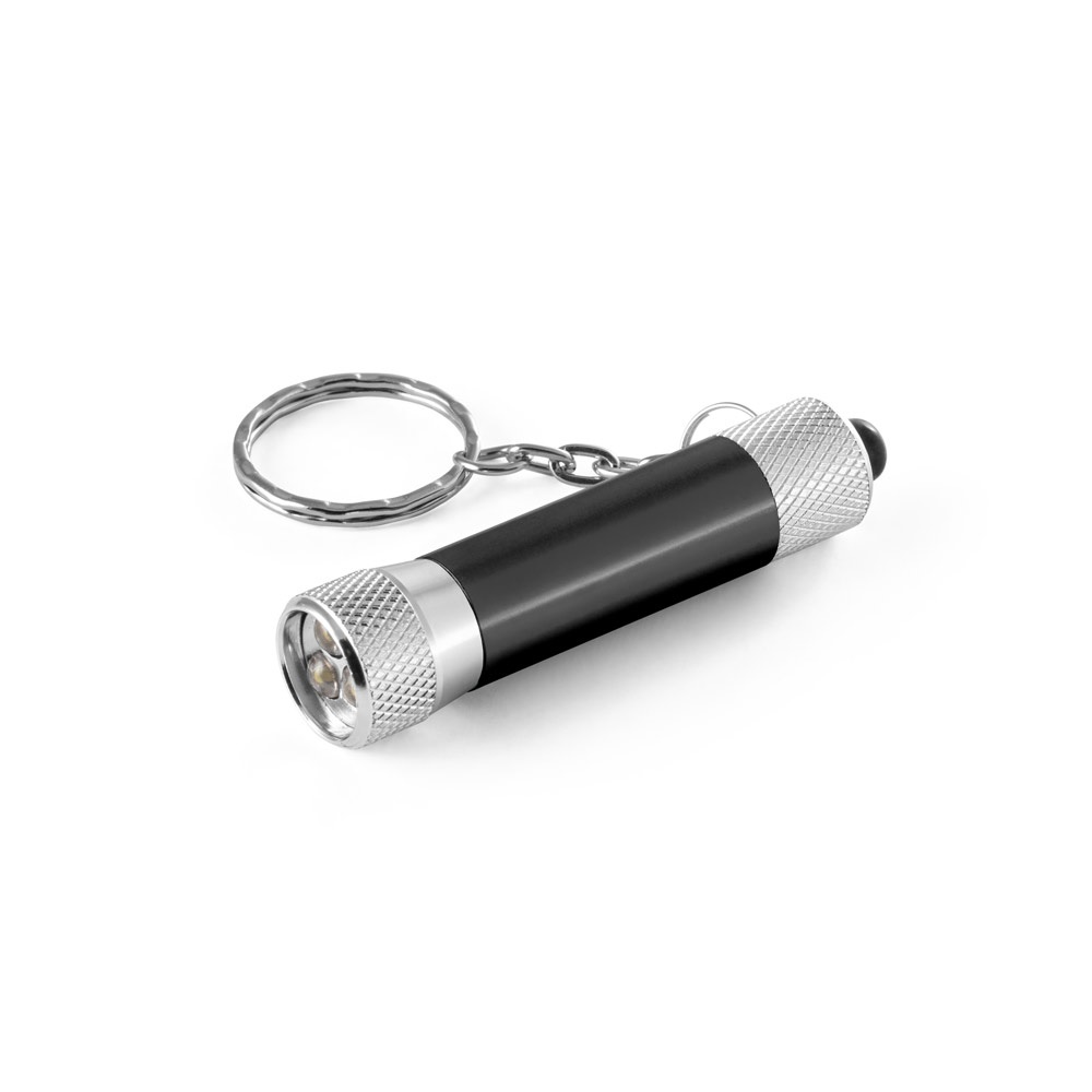 RE-LERGAN. Aluminium sleutelhanger (92% gerecycled) met LED-zaklamp met 3 lampjes - kopen of bedrukken - zwart