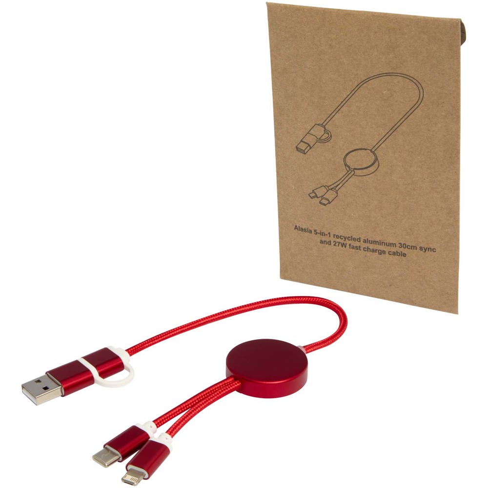 Alasia 5-in-1 30 cm datasynchronisatie- en 27 W snellaadkabel van gerecycled aluminium en plastic - voor - Rood