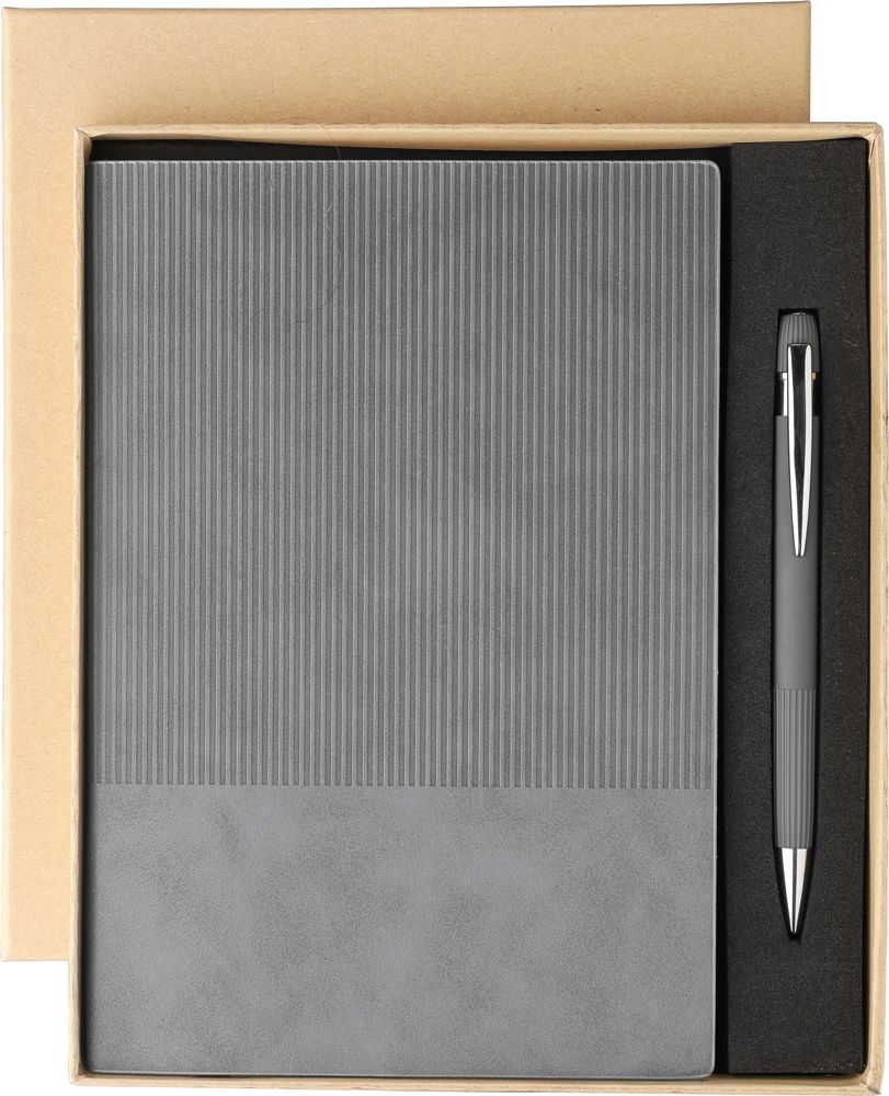Gerecycled PU-notitieboek (A5) en balpenset Tarek - bedrukt of onbedrukt verkrijgbaar - Grijs