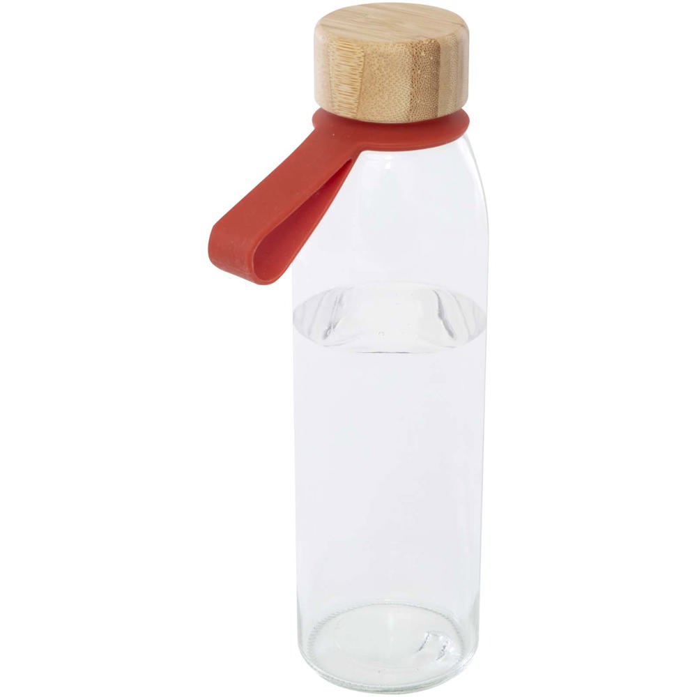 Porto 500 ml glazen waterfles met siliconen handgreep en bamboe deksel - met logo of onbedrukt bestellen - Baksteen