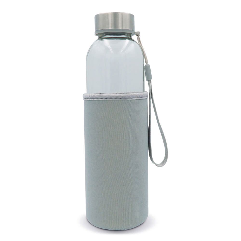 Waterfles glas met sleeve 500ml - bedrukt of onbedrukt verkrijgbaar - Transparant / Grijs