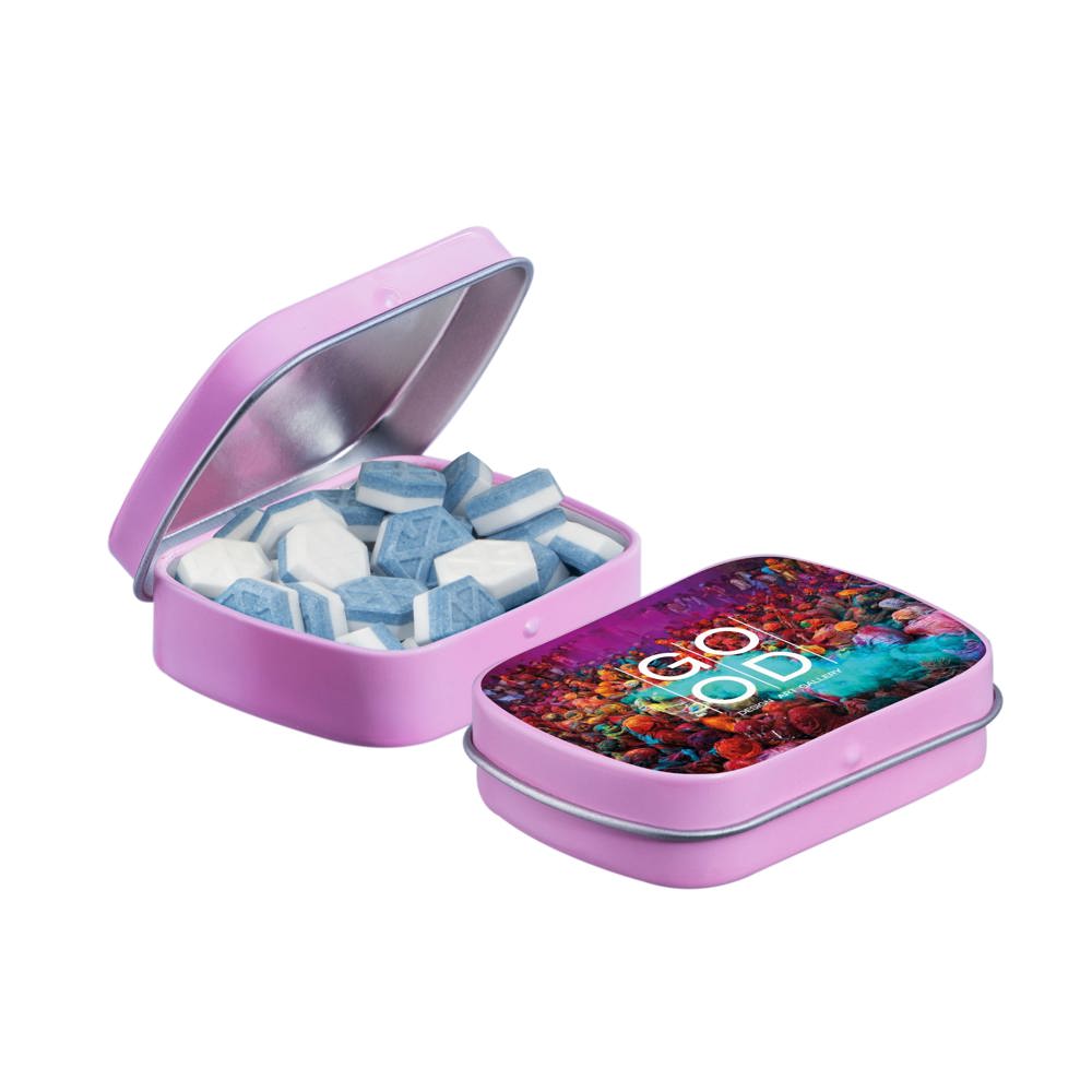 Mini scharnierblikje gevuld met pepermunt - kopen of bedrukken - roze