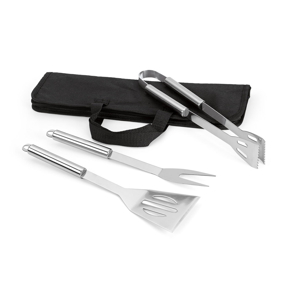 SOARES. 3 delige roestvrijstalen barbecueset - met logo of onbedrukt bestellen