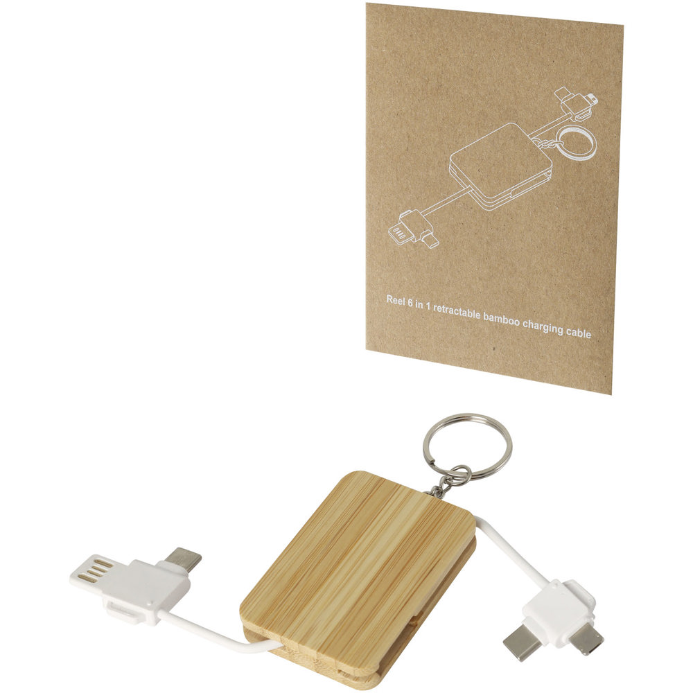 Reel 6-in-1 intrekbare bamboe sleutelhanger oplaadkabel