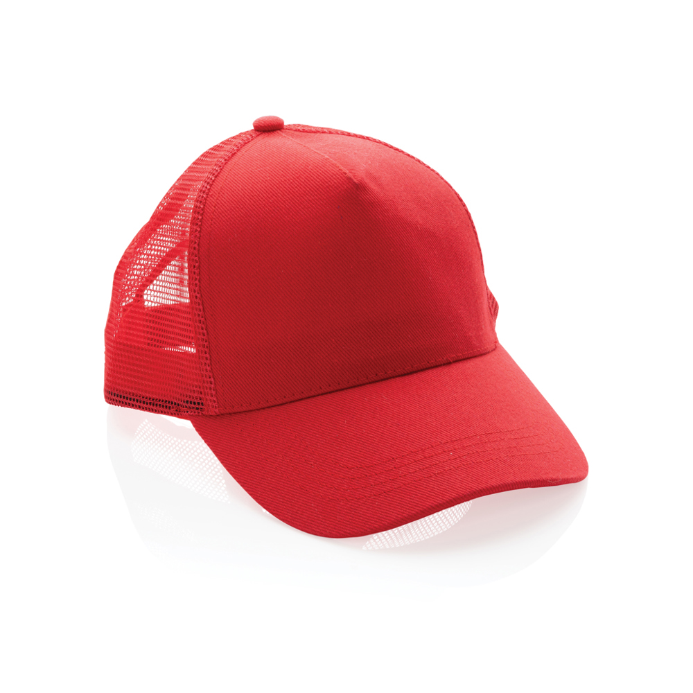 Impact AWARE™ 5 panel recycled katoenen truckercap - voor bedrijven en relatiegeschenken - rood (± PMS 186)