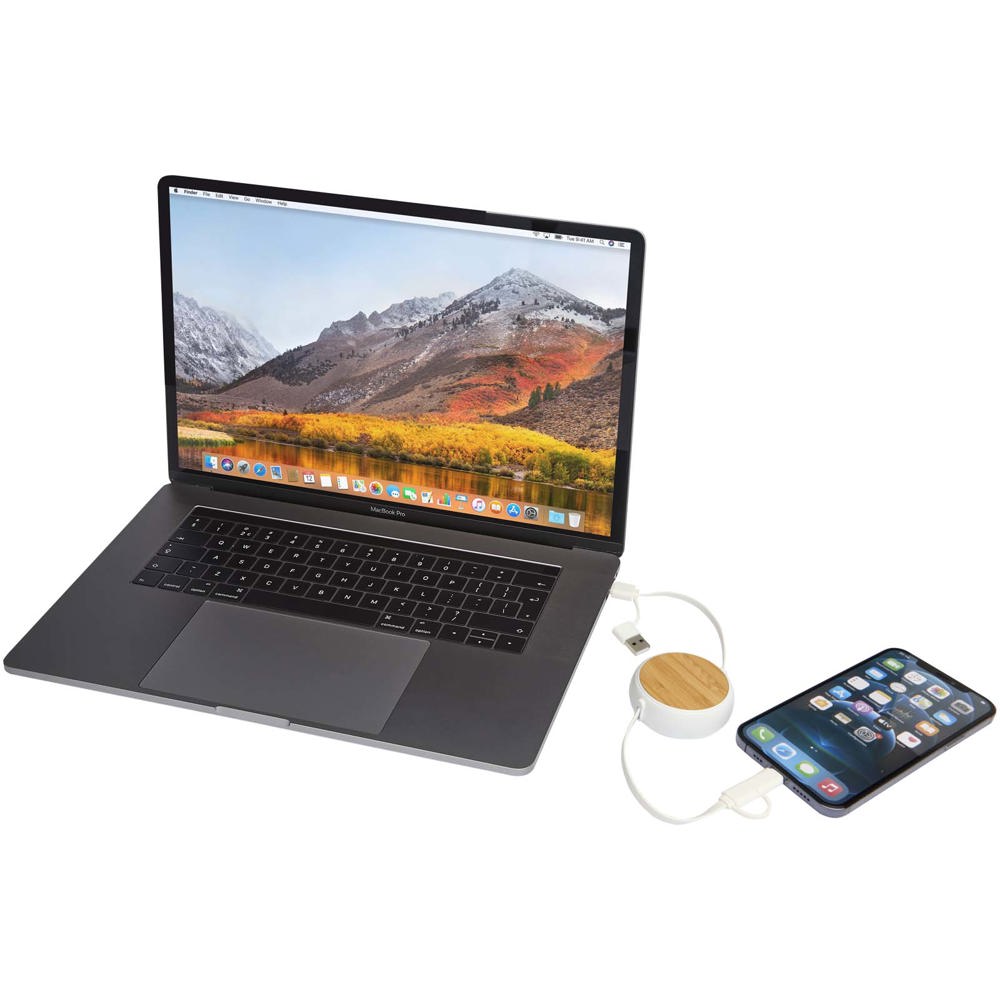 Chechia 5-in-1 100 cm intrekbare datasynchronisatie- en 45 W snellaadkabel van gerecycled plastic met bamboe details