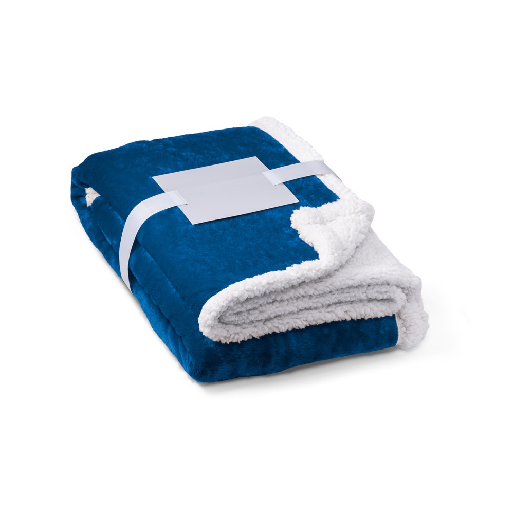 HEIDEN. Omkeerbare fleecedeken (190 g/m²) met satijnen lint en gepersonaliseerde kaart - met logo of onbedrukt - Royal Blauw