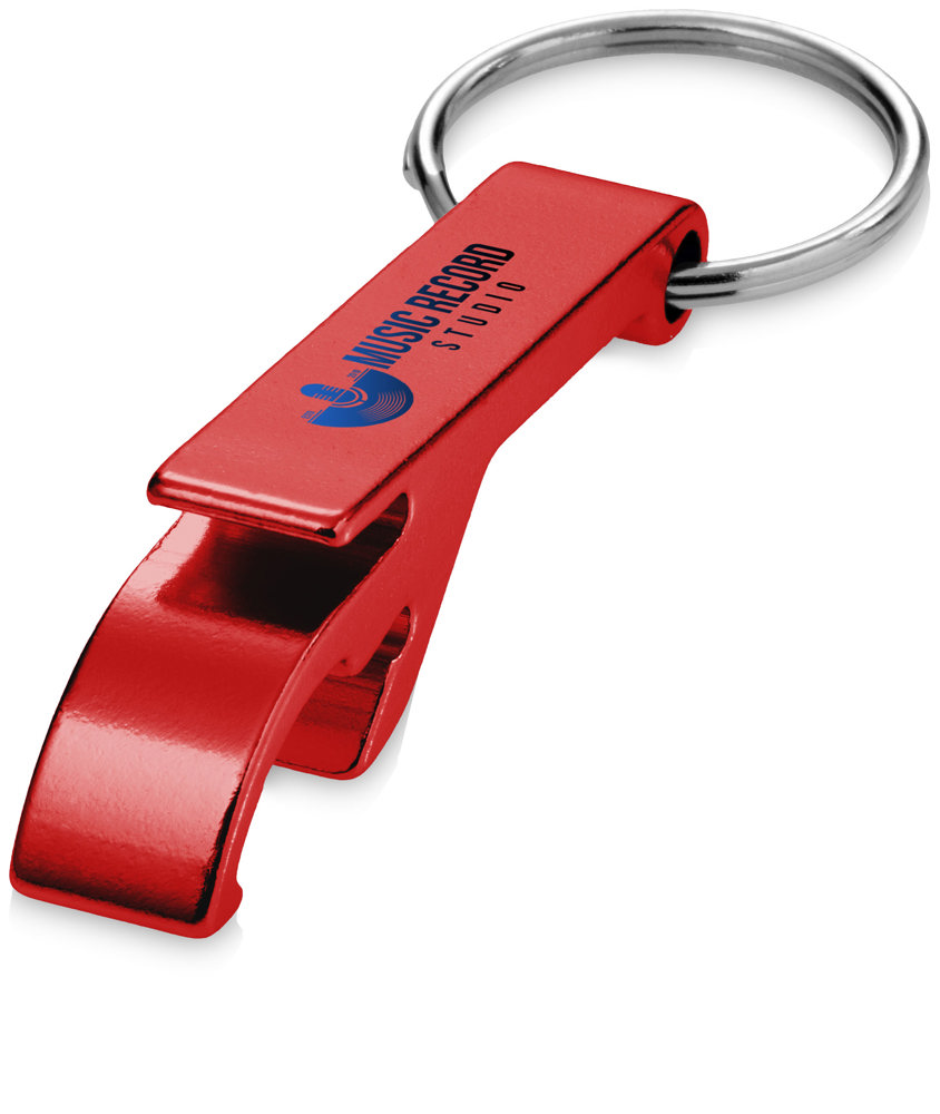 Tao fles- en blikopener van RCS gerecycled aluminium met sleutelhanger