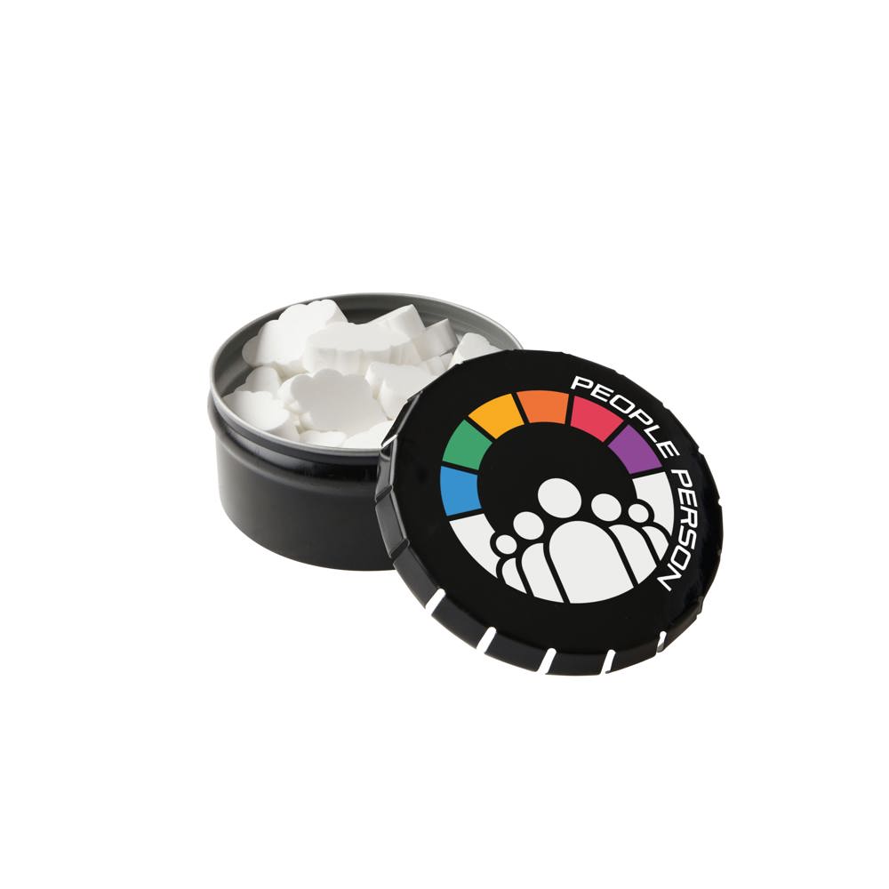 Hoog mini clic-clac blikje met vorm pepermunt - met logo of onbedrukt bestellen - Zwart