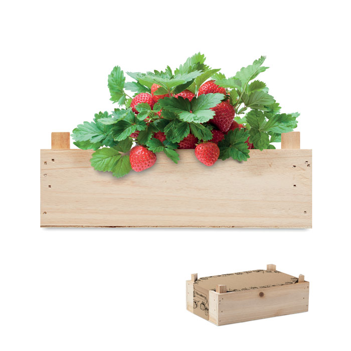 STRAWBERRY - Aardbeienpakket in houten krat - met logo of onbedrukt bestellen