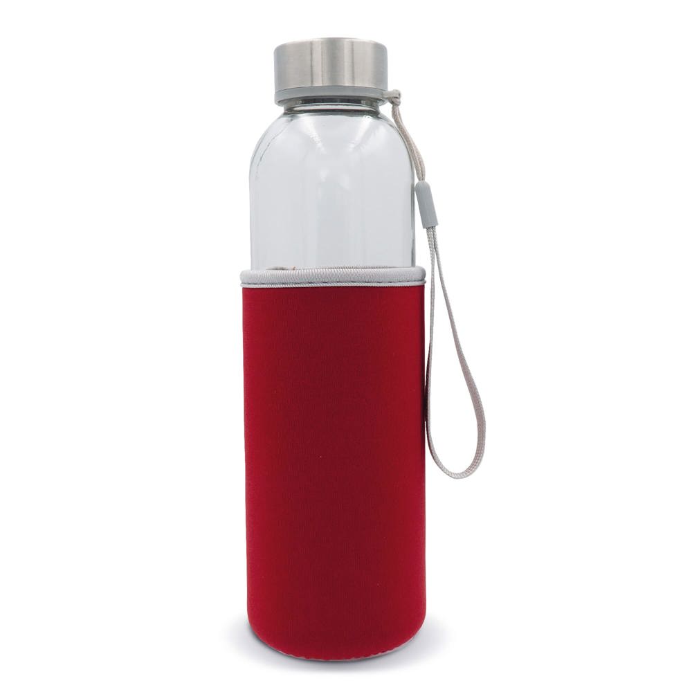 Waterfles glas met sleeve 500ml - bedrukt of onbedrukt verkrijgbaar - Transparant / Rood