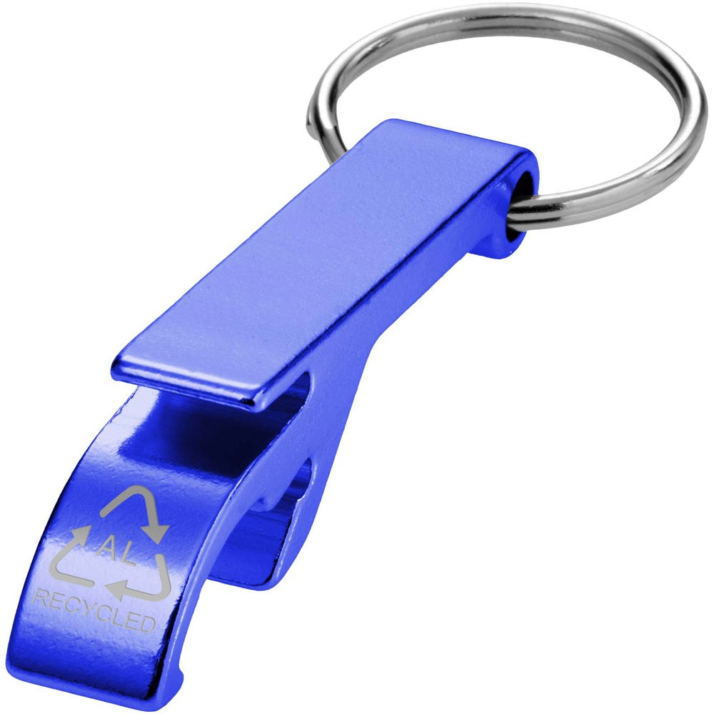 Tao fles- en blikopener van RCS gerecycled aluminium met sleutelhanger - met logo of onbedrukt bestellen - Koningsblauw