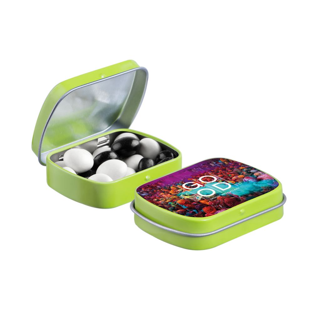 Mini scharnierblikje met snoep - kopen of bedrukken - lime