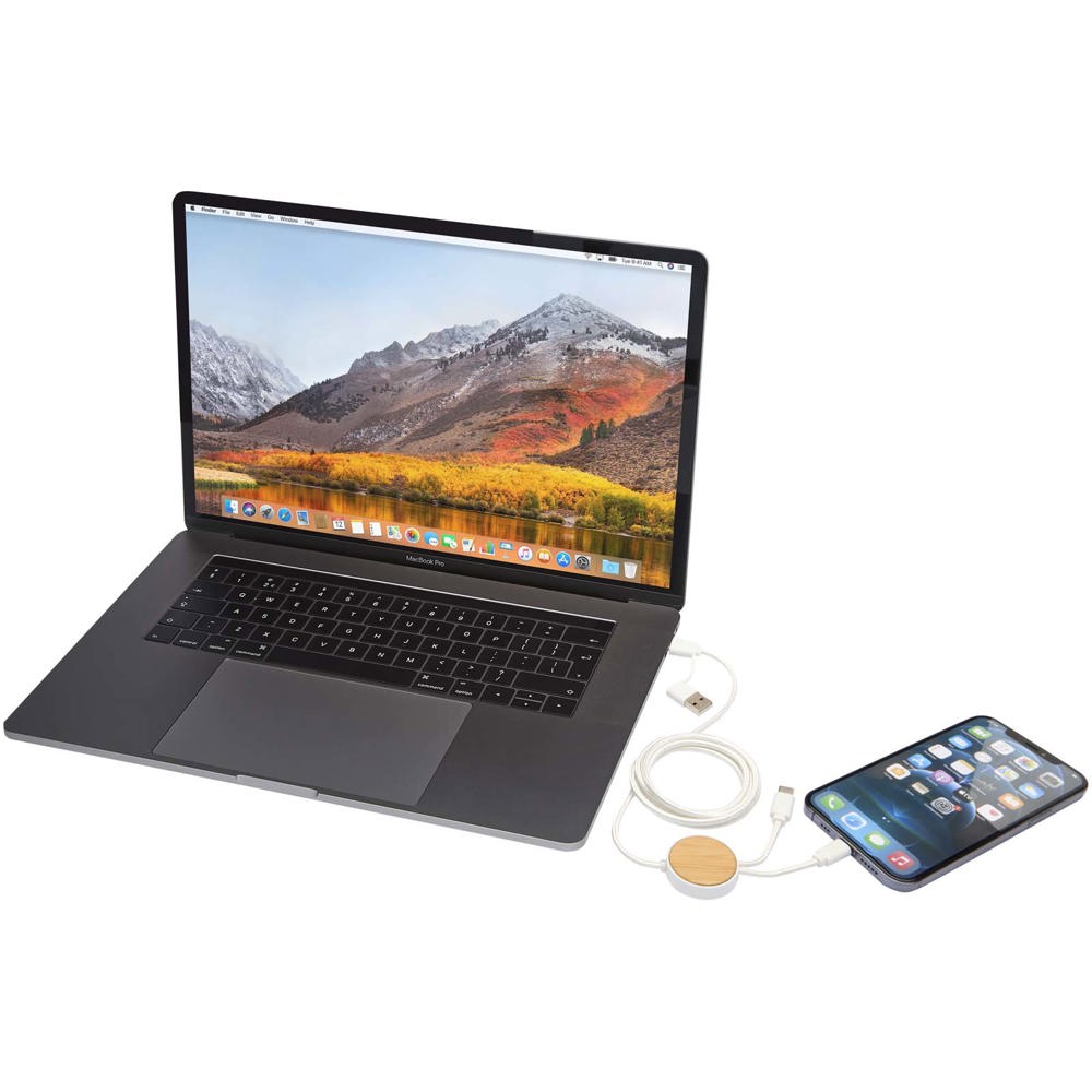 Chechia 5-in-1 150 cm datasynchronisatie- en 27 W snellaadkabel van gerecycled plastic met bamboe details