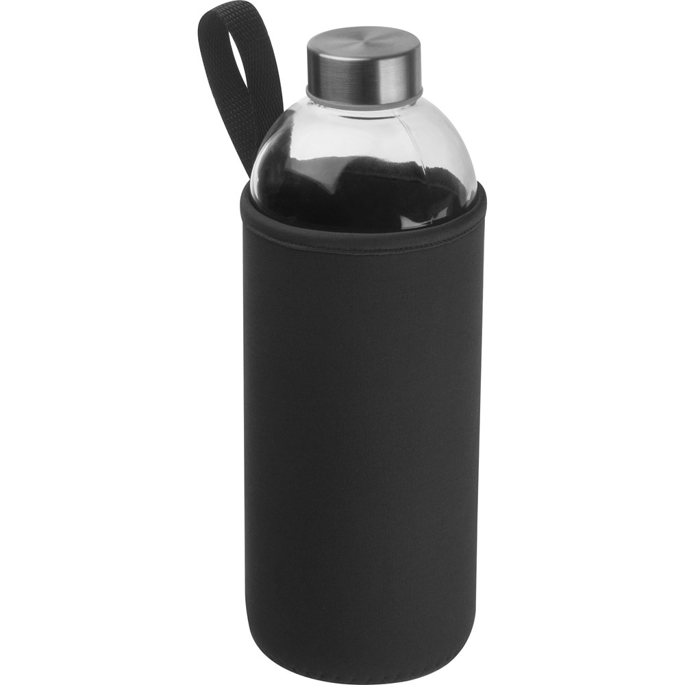 Drinkfles met neopreensleeve en inhoud van 1 liter - voor bedrijven en relatiegeschenken - Zwart