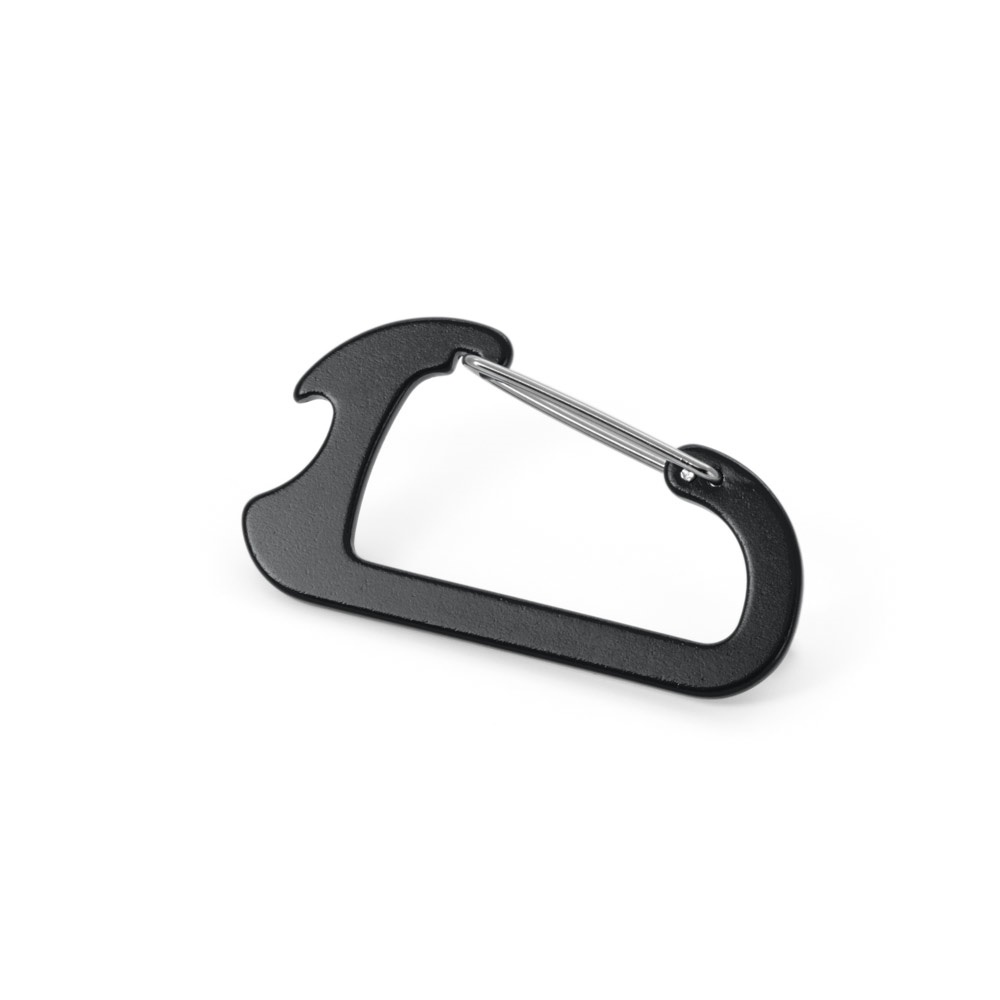 CLOSE. Karabijnhaak met aluminium capsuleopener - met logo of onbedrukt bestellen - zwart