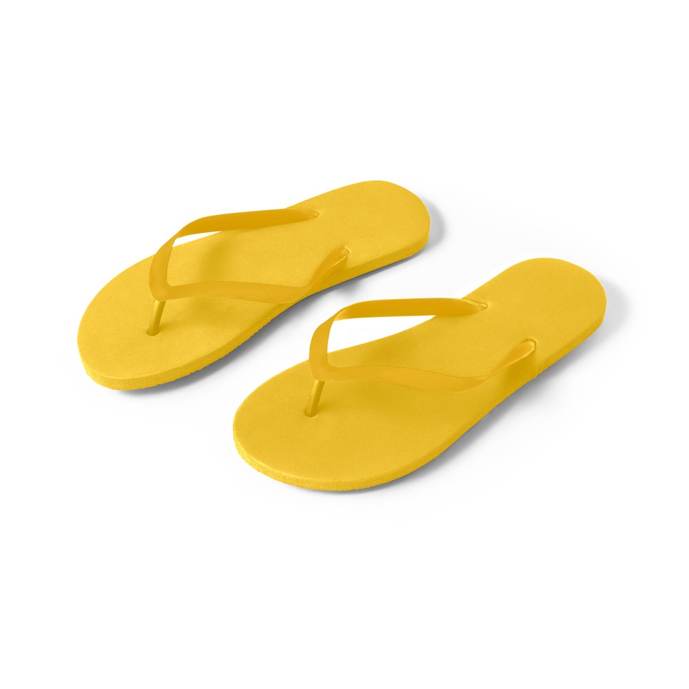 MAUPITI L / XL. Comfortabele slippers met EVA-zolen en PVC-bandjes - bedrukt of onbedrukt verkrijgbaar - geel