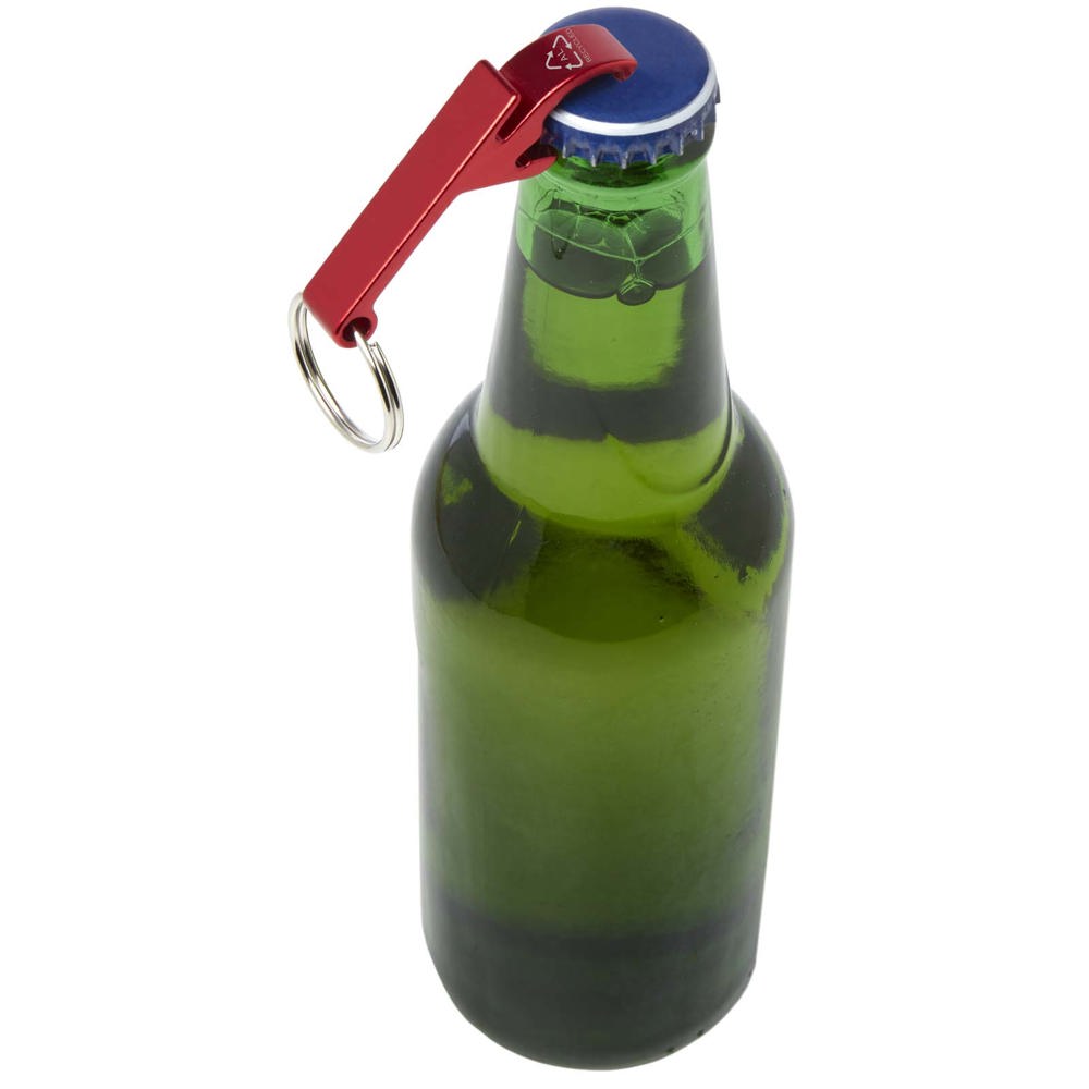Tao fles- en blikopener van RCS gerecycled aluminium met sleutelhanger