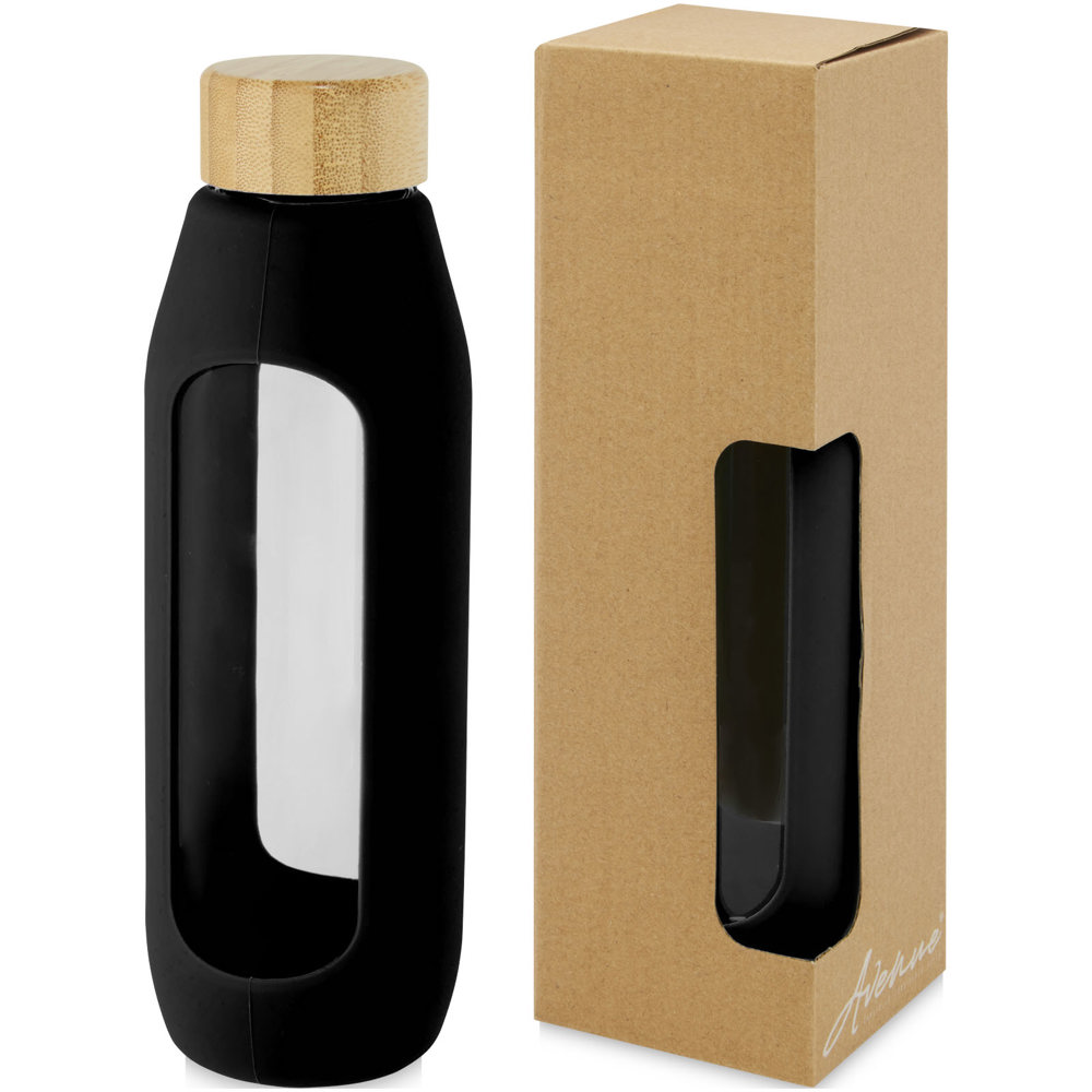 Tidan fles van 600 ml in borosilicaatglas met siliconen grip - bedrukt of onbedrukt verkrijgbaar