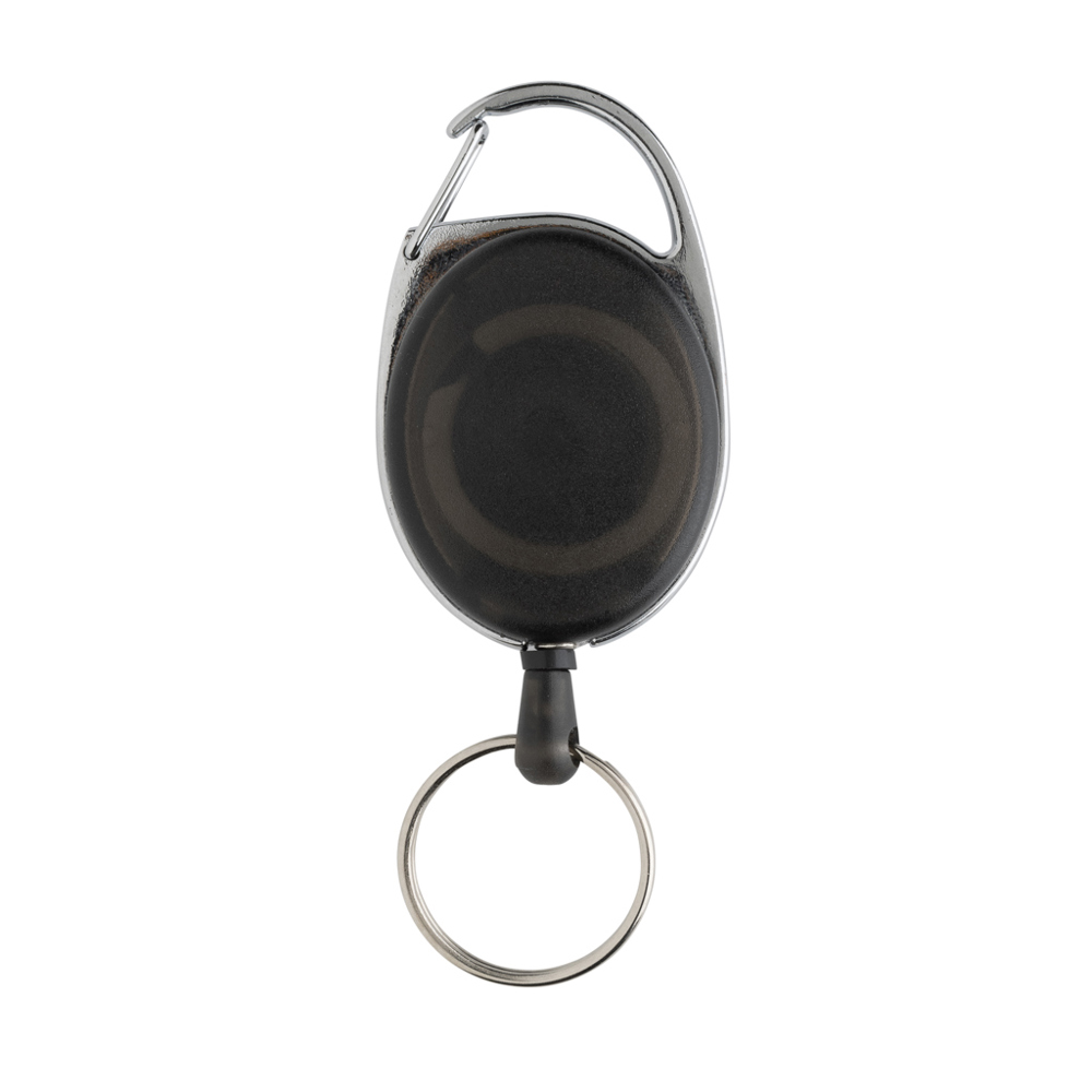 Roller clip sleutelhanger gemaakt van RCS gerecycled plastic - voor bedrijven en relatiegeschenken - zwart (± PMS Black)