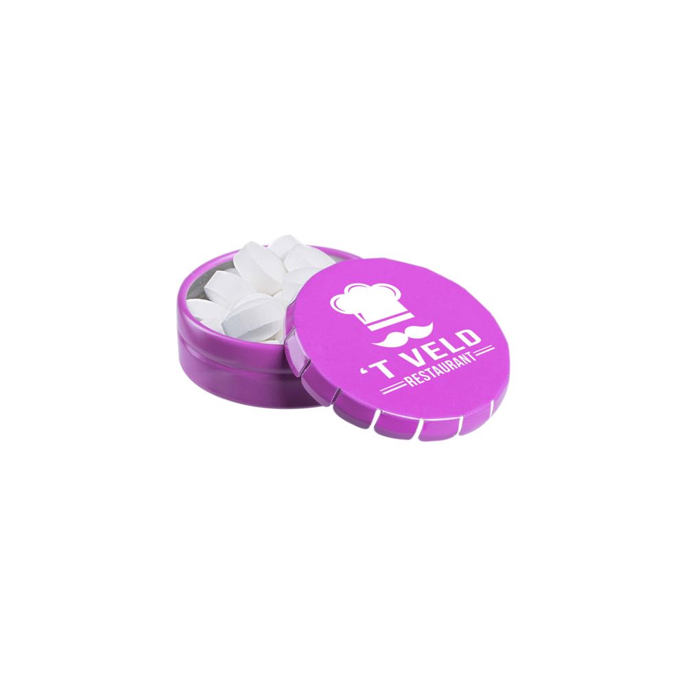 Super mini clic-clac blikje gevuld met pepermunt - kopen of bedrukken - fuchsia