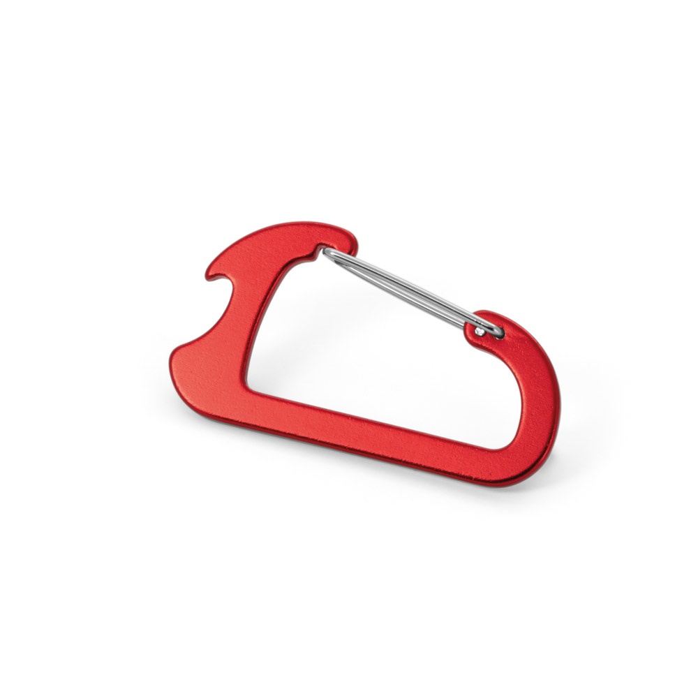 CLOSE. Karabijnhaak met aluminium capsuleopener - met logo of onbedrukt bestellen - rood