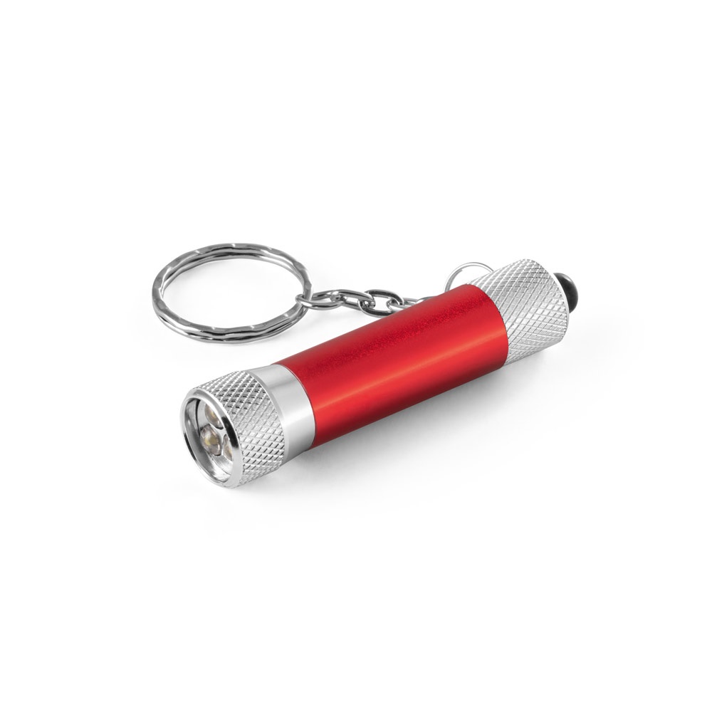 RE-LERGAN. Aluminium sleutelhanger (92% gerecycled) met LED-zaklamp met 3 lampjes - kopen of bedrukken - rood