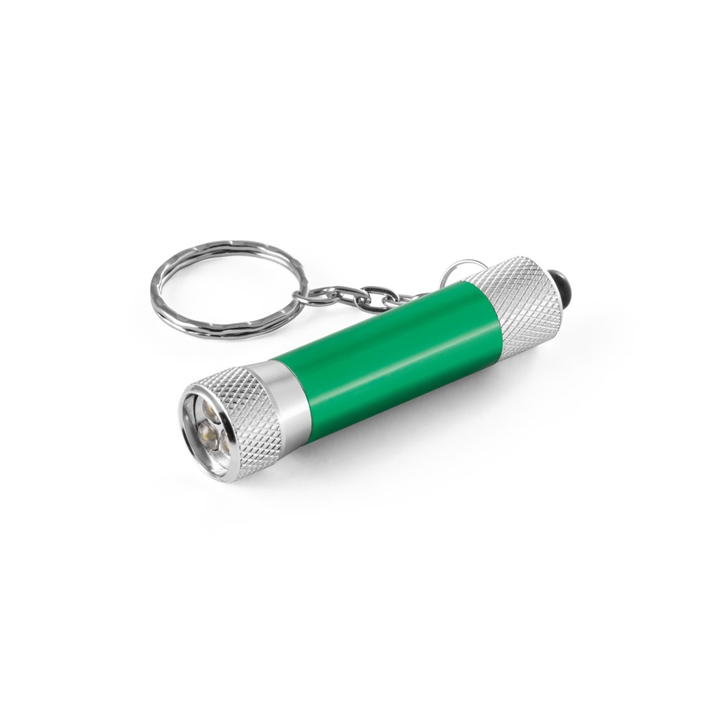 RE-LERGAN. Aluminium sleutelhanger (92% gerecycled) met LED-zaklamp met 3 lampjes - kopen of bedrukken - groen