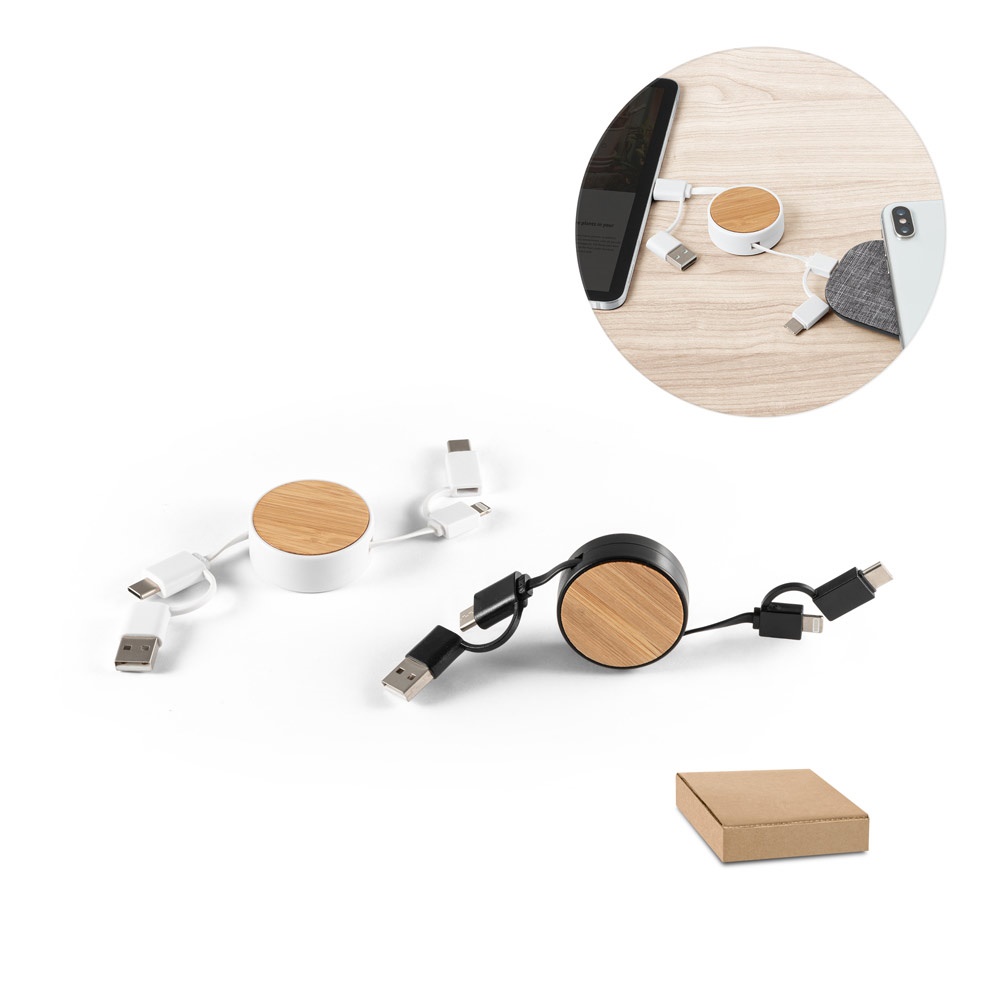 RUBINS. 6-in-1 intrekbare USB-kabel van gerecycled ABS (100% rABS) en bamboe - met logo of onbedrukt bestellen