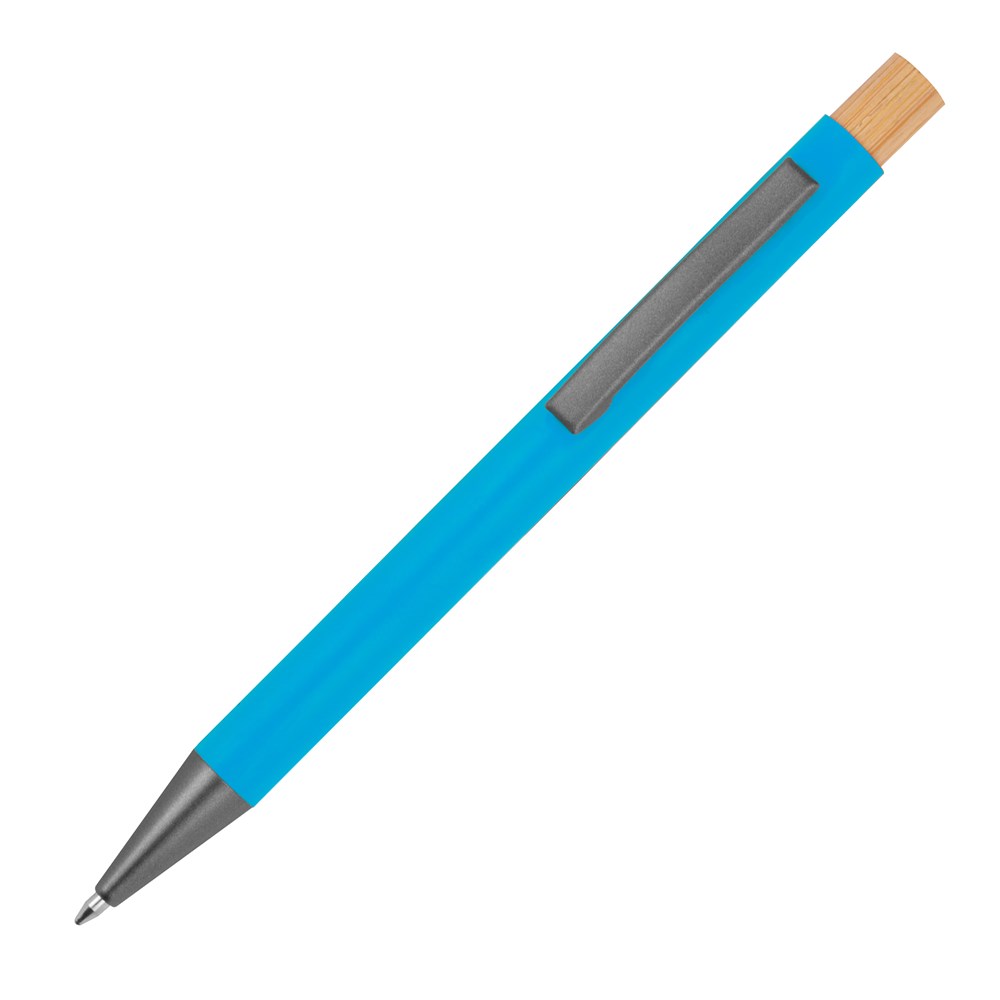 Pen van gerecycled aluminium met bamboe drukker - met logo of onbedrukt bestellen - Lichtblauw