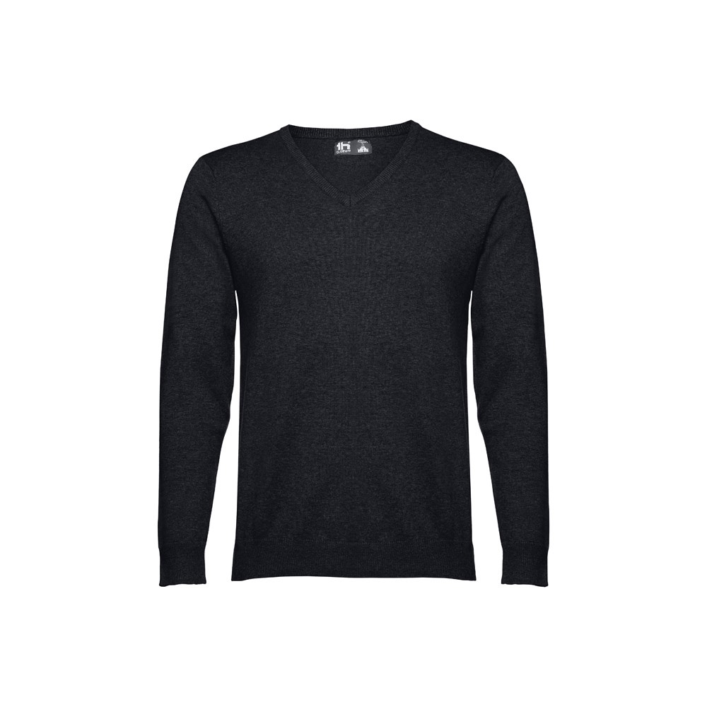 THC MILAN. Pullover met V-hals voor heren in katoen en polyamide - voor bedrijven en relatiegeschenken - Zwart