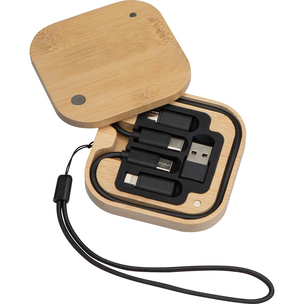 Kabel- en adapterset in bamboe doosje