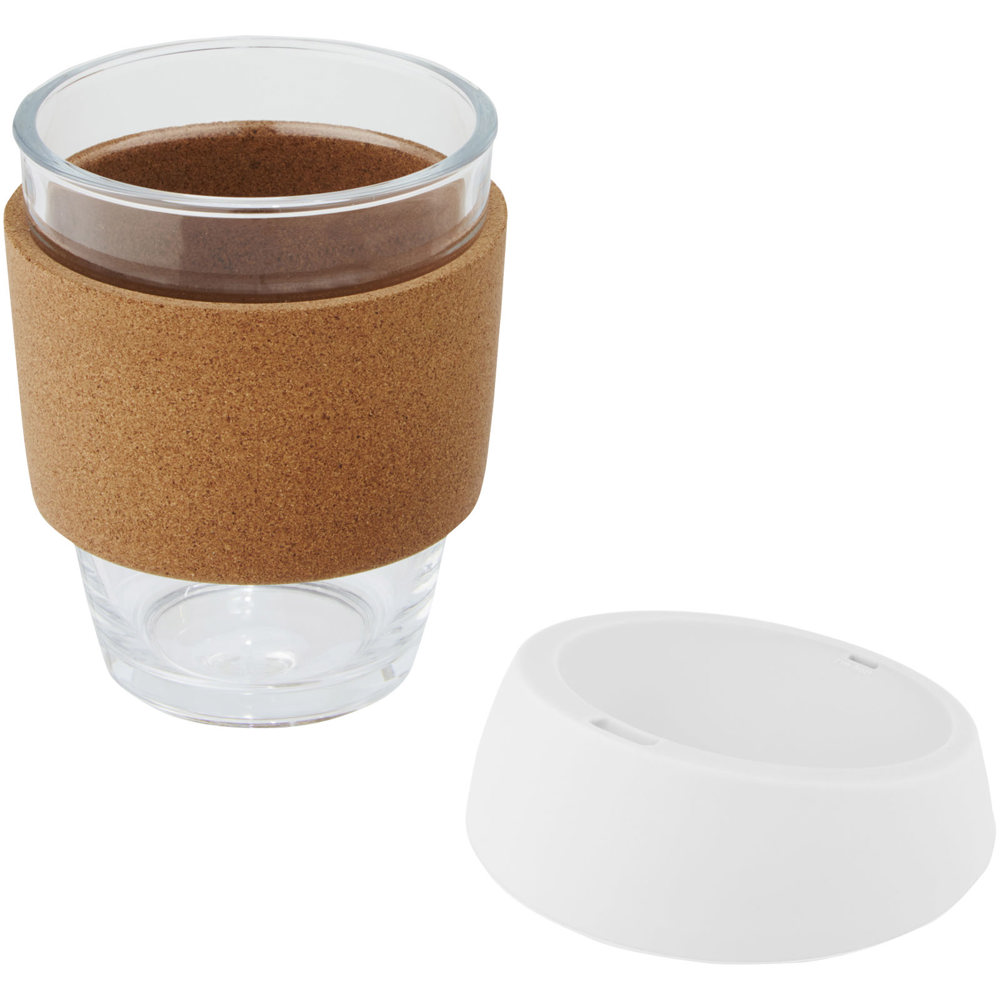 Lidan borosilicaat glazen beker van 360 ml met kurken grip en siliconen deksel