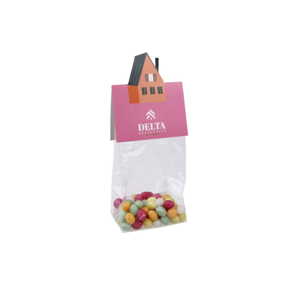 Blokzakje met kopkaartje in eigen vorm en 50 gram snoep - kopen of bedrukken - Transparant/Wit