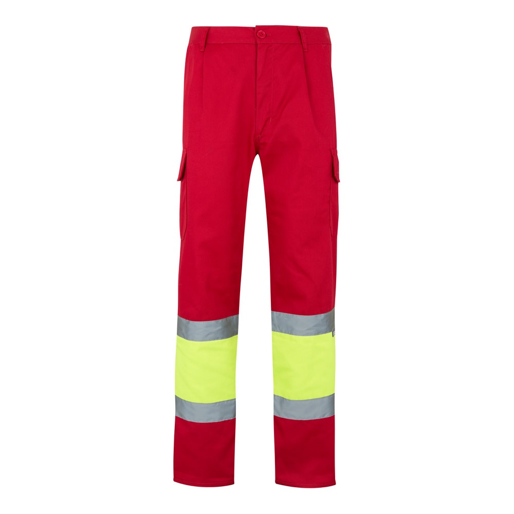 VL POSEIDON LARGE. Tweekleurige keperstof broek met meerdere zakken (210g/m²), van katoen (20%) en polyester - Rood, Geel