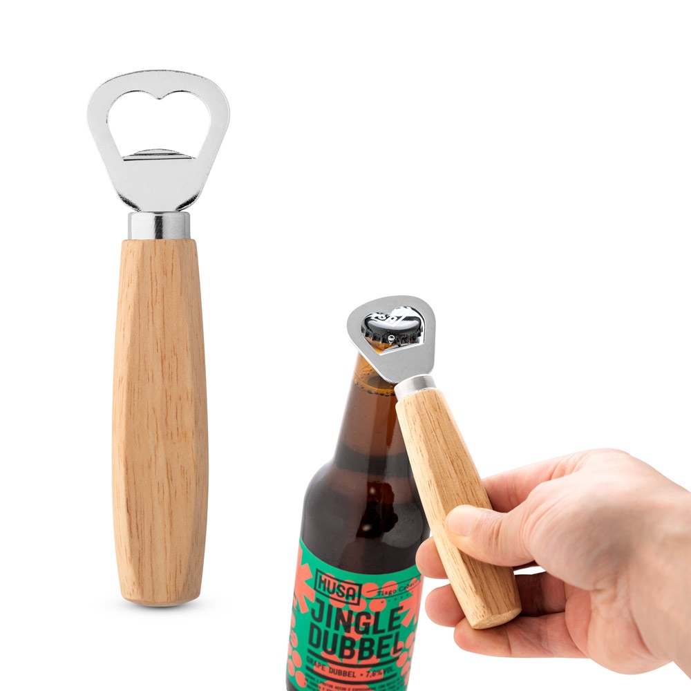 HOLZ. Flessenopener van metaal en hout - met logo of onbedrukt bestellen