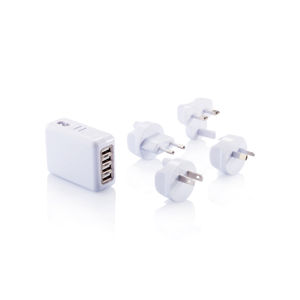 Reisstekker met 4 USB poorten - bedrukt of onbedrukt verkrijgbaar