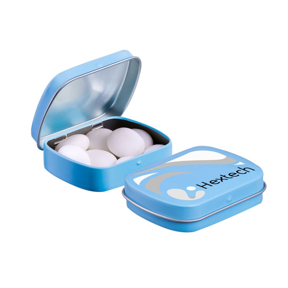 Mini scharnierblikje met Mentos mints - voor bedrijven en relatiegeschenken - Lichtblauw