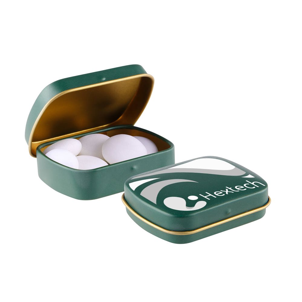 Mini scharnierblikje met Mentos mints - voor bedrijven en relatiegeschenken - Mat Groen/Goud