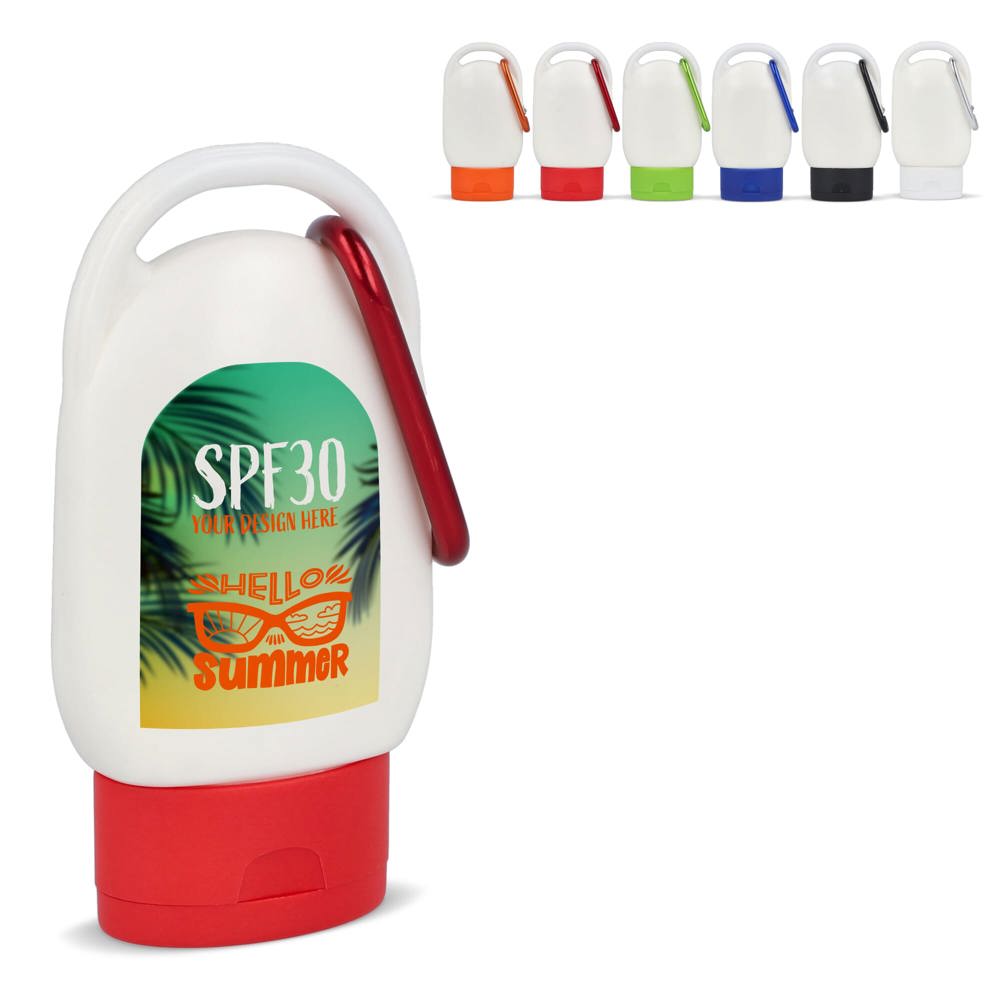 Zonnebrandlotion met Karabijnhaak SPF30 Gerecycled Materiaal - met logo of onbedrukt bestellen