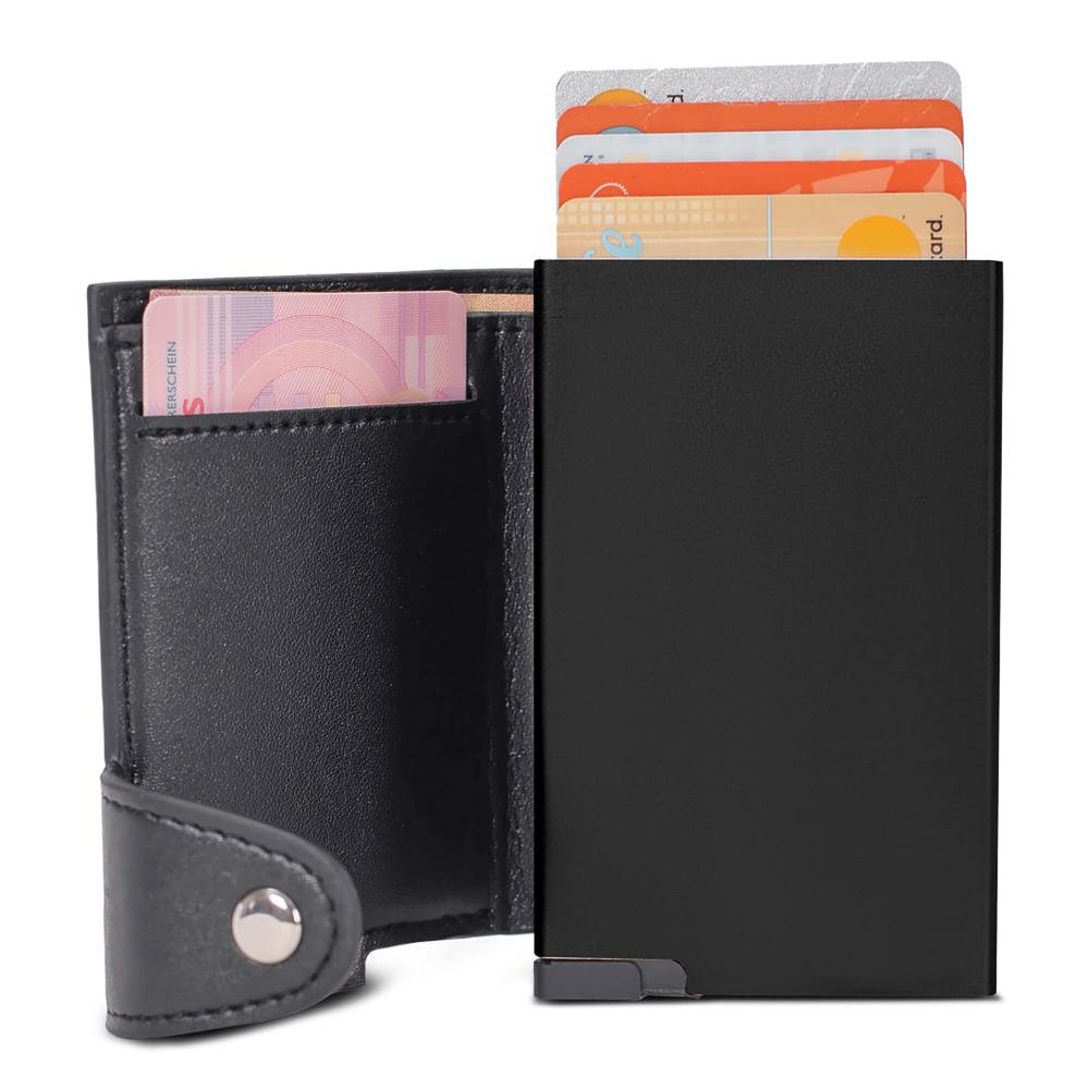 RFID kaarthouder met leerlook hoes - voor bedrijven en relatiegeschenken - Zwart / Zwart