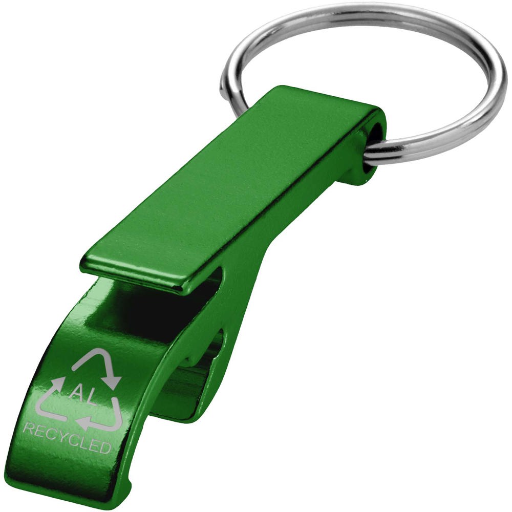 Tao fles- en blikopener van RCS gerecycled aluminium met sleutelhanger - met logo of onbedrukt bestellen - groen