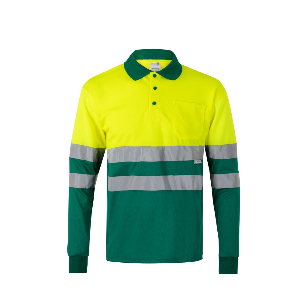 VL VULCAN. Tweekleurige vogelkleurige polo (160g/m²) met lange mouwen, van polyester (100%) - bedrukt of - Groen, Geel