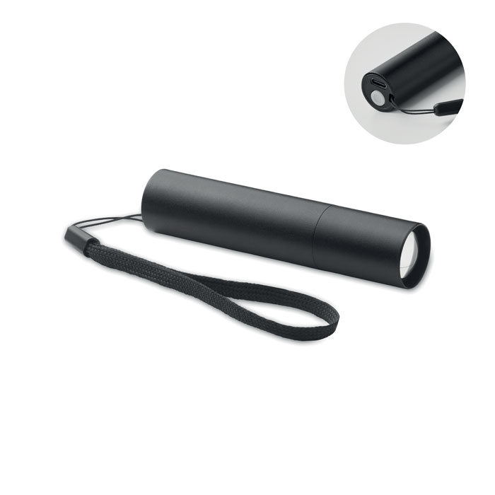 ALUMINATE - Oplaadbare aluminium zaklamp - met logo of onbedrukt bestellen - Zwart